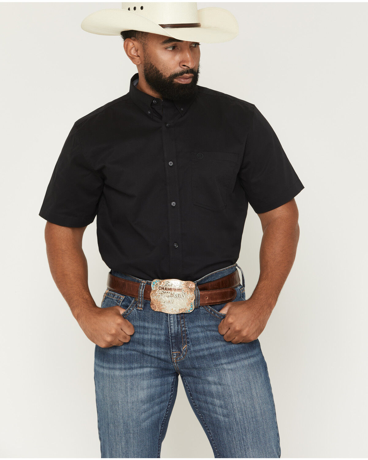 Image #1 - Cody James Men's Basic Solid Short Sleeve Button-Down Stretch Western Shirt, Black, hi-res