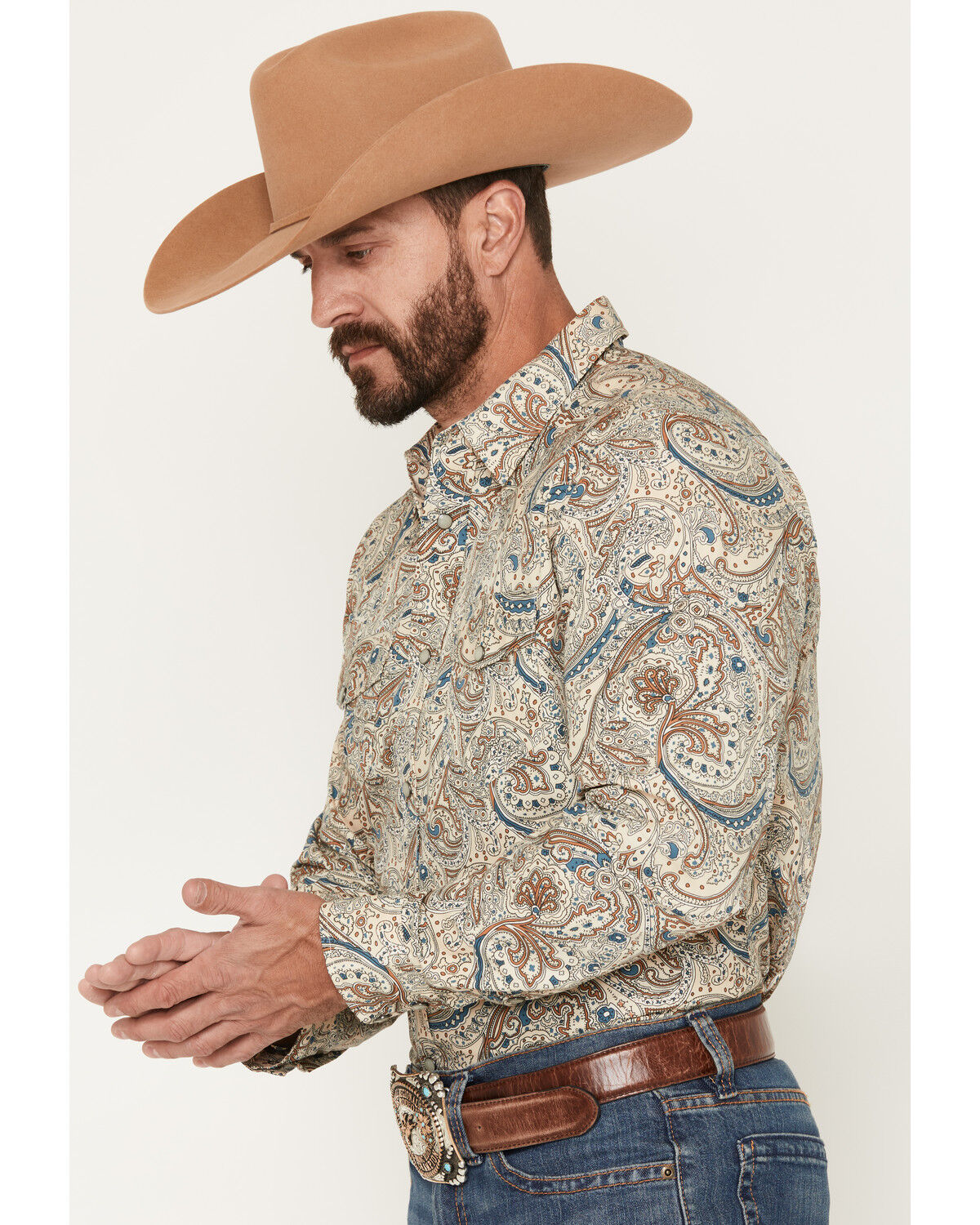 Image #2 - Gibson Trading Co Men's No Vacancy Paisley Print Long Sleeve Snap Western Shirt, Cream, hi-res