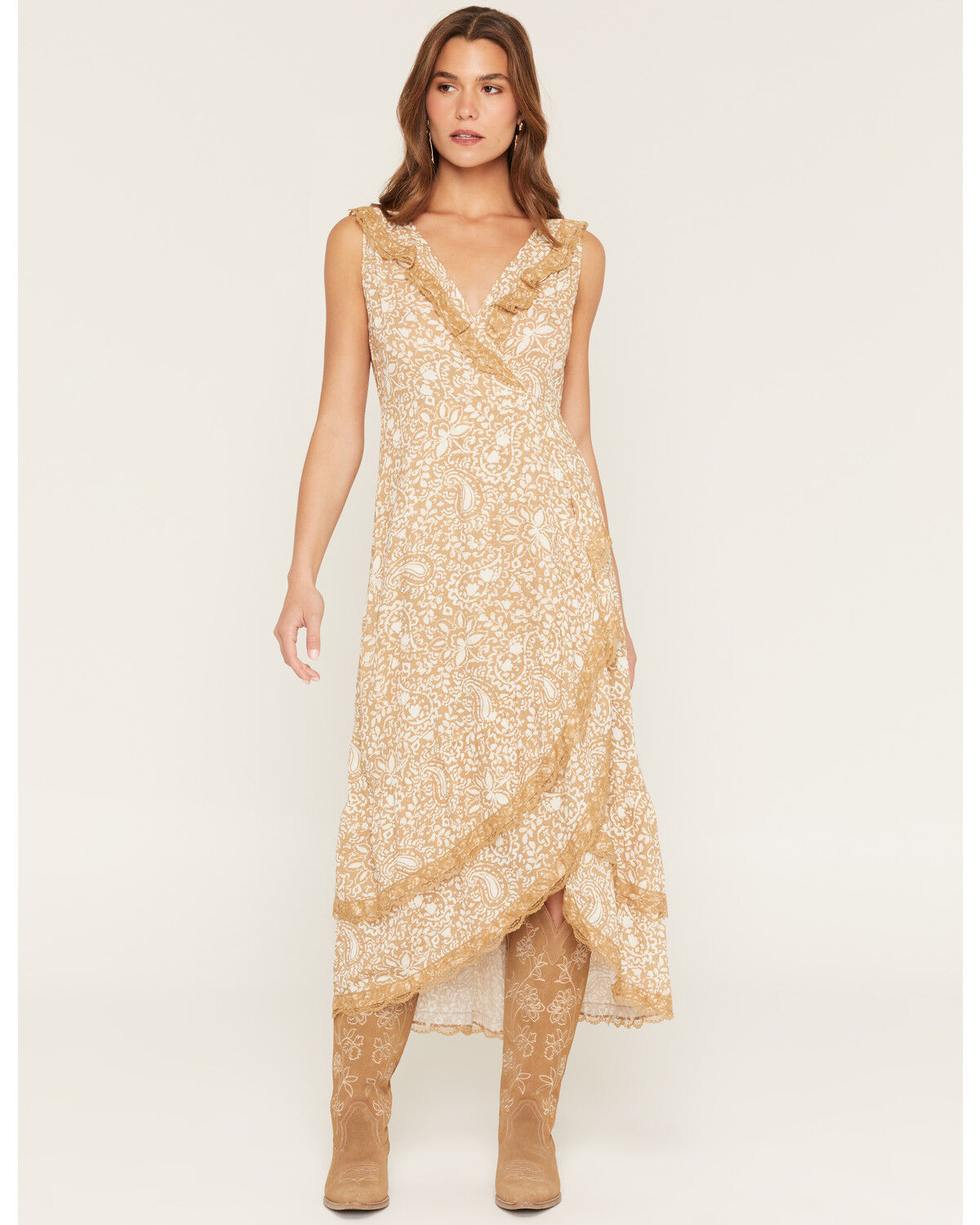 Shyanne Women's Paisley Print Sleeveless High-Low Dress, Taupe, hi-res