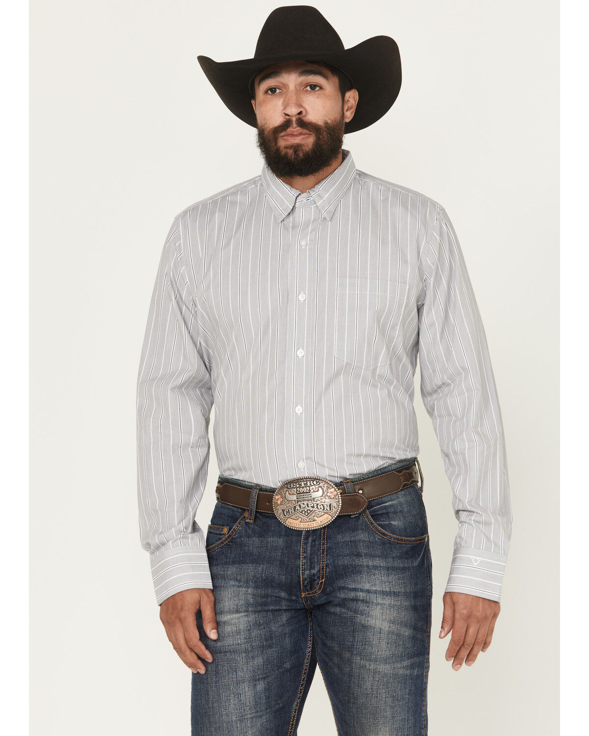 Wrangler X Cody Johnson Men's Striped Long Sleeve Button-Down Western Shirt - Tall, Grey, hi-res