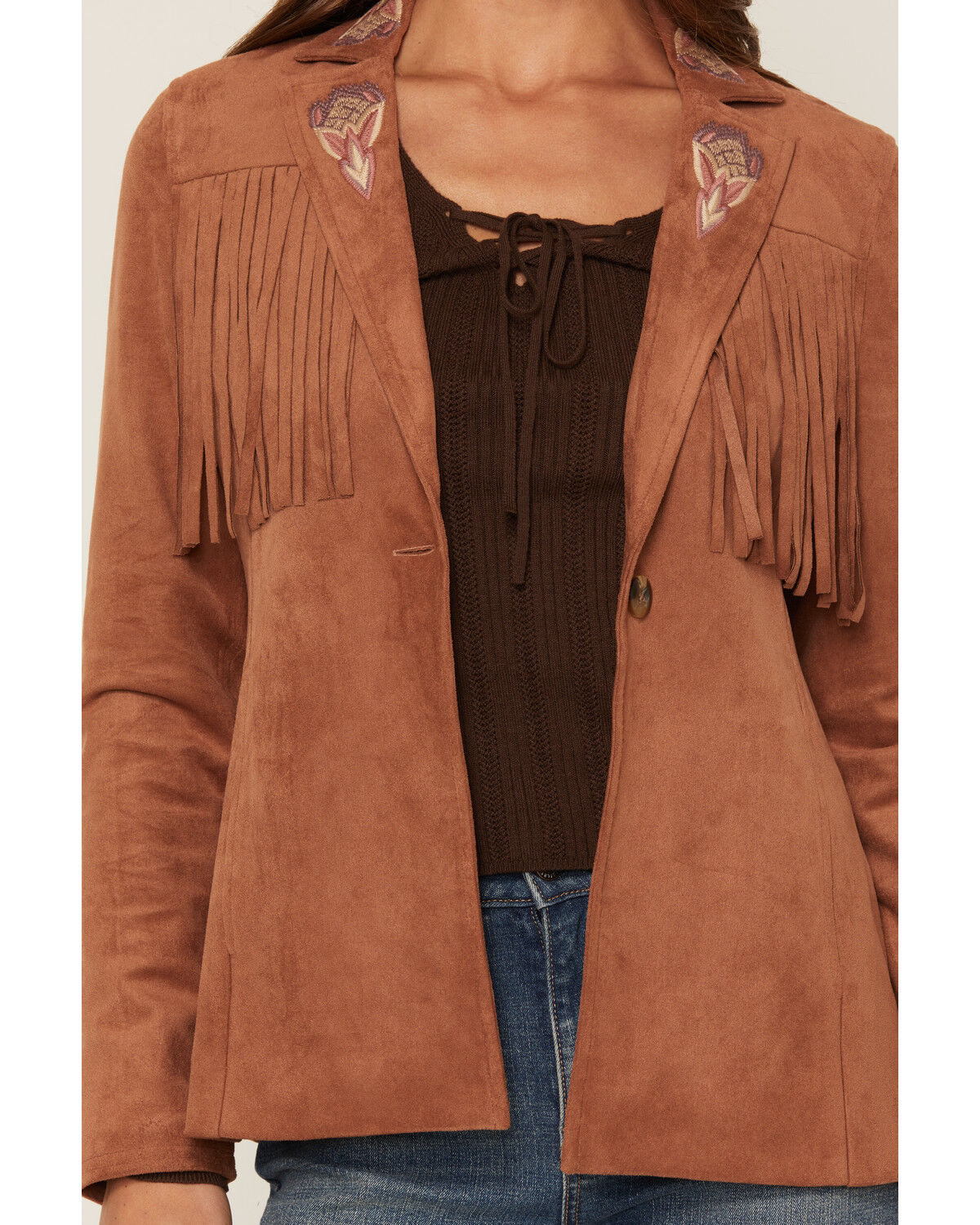 Image #3 - Shyanne Women's Ainsley Embroidered Fringe Faux Suede Blazer, Bark, hi-res