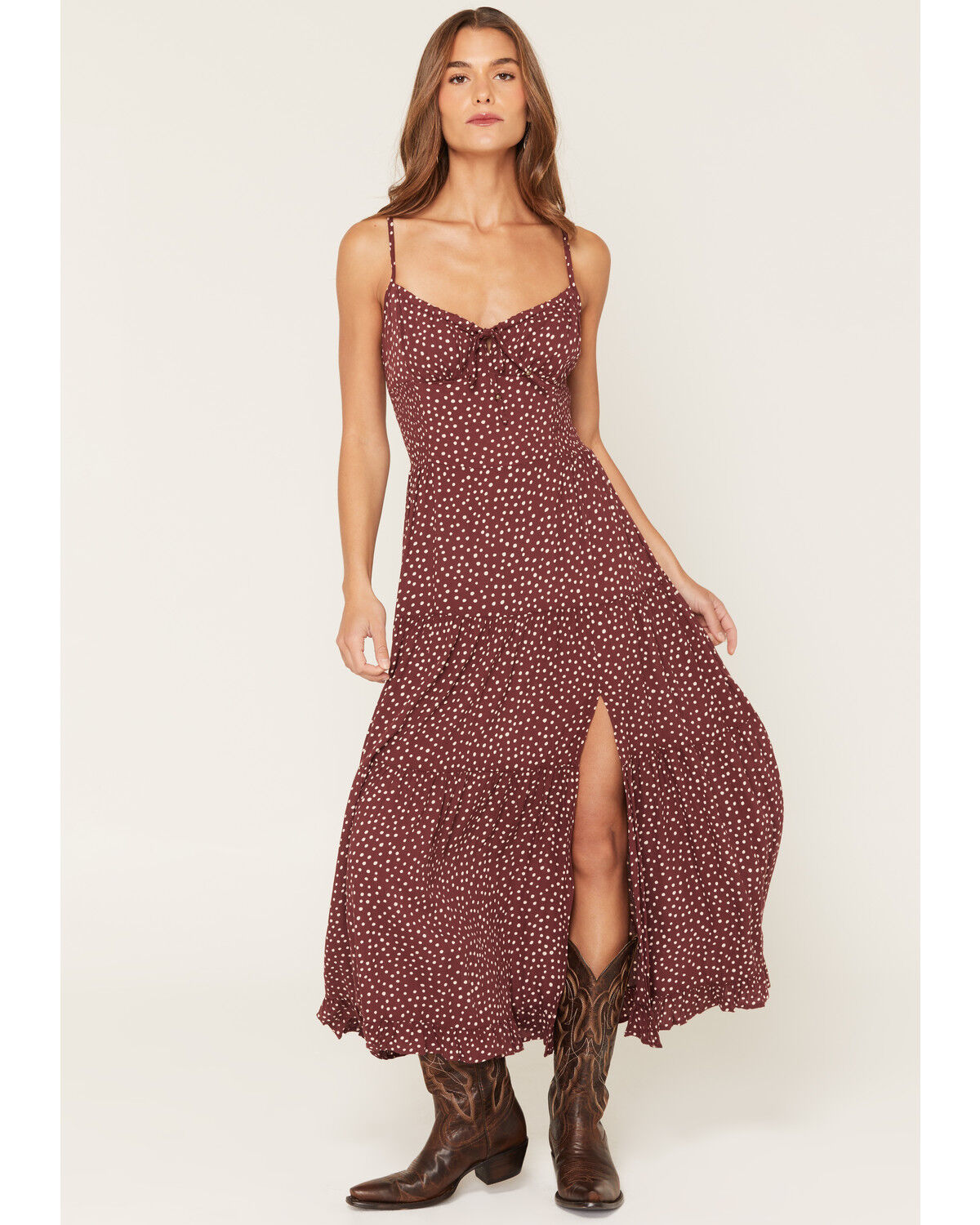 Angie Women's Polka Dot Twist Front Sleeveless Midi Dress, Brown, hi-res