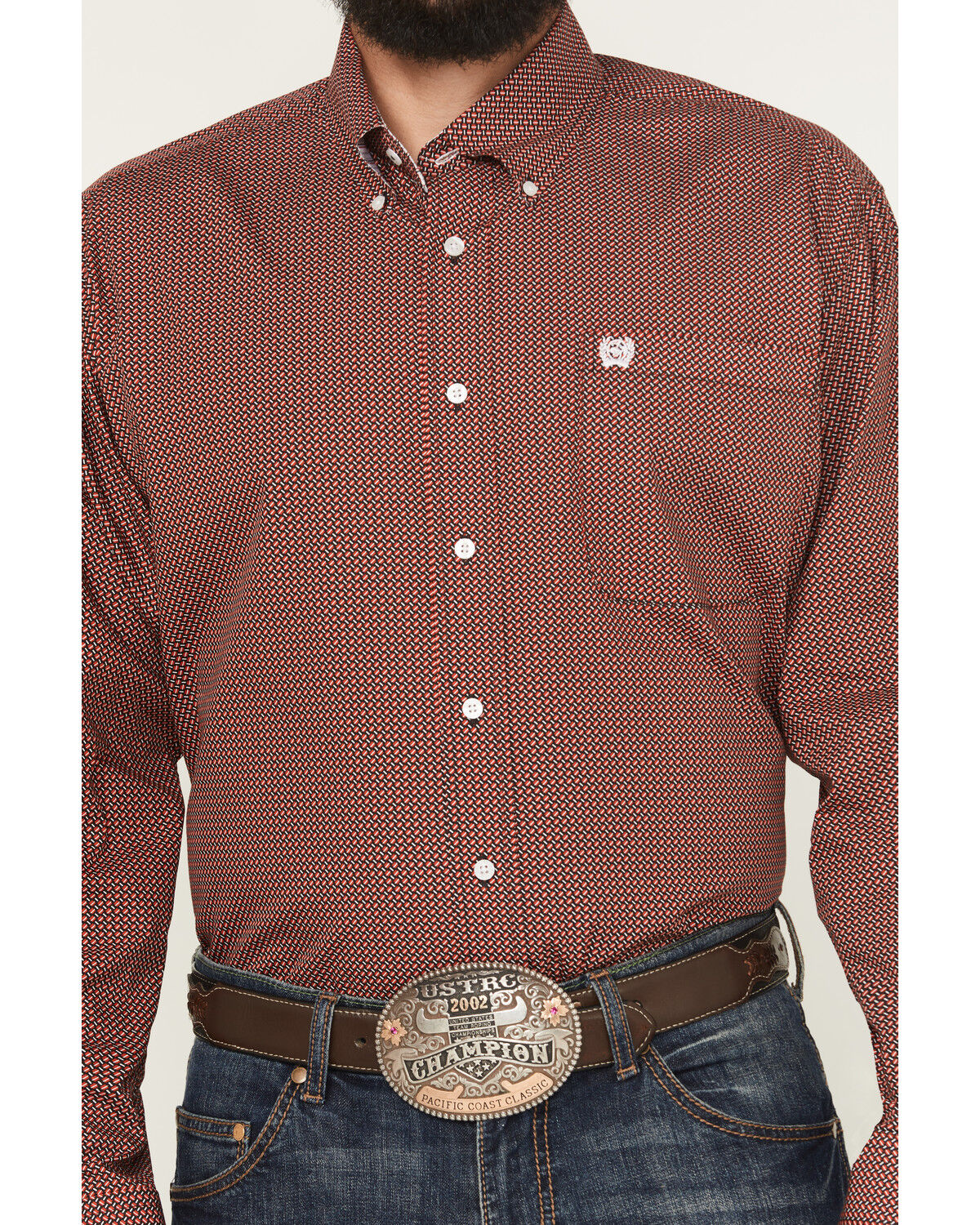 Image #3 - Cinch Men's Micro Geo Print Long Sleeve Button-Down Western Shirt, Red, hi-res