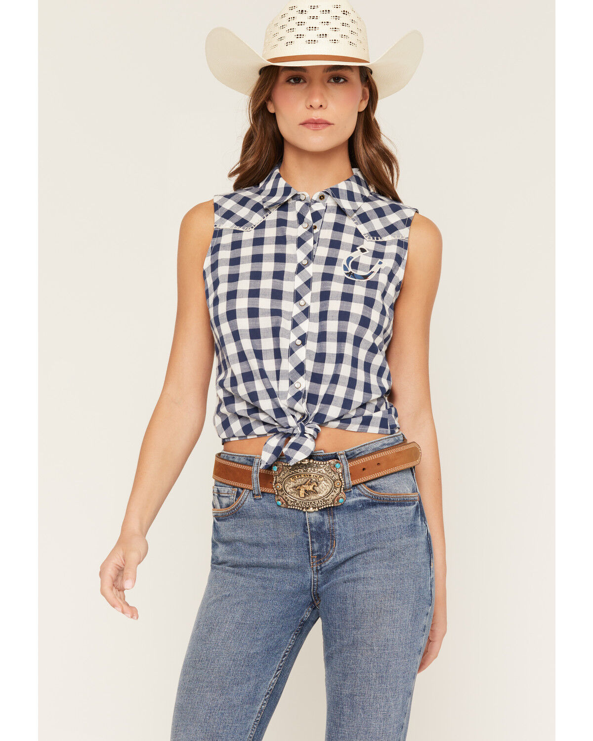 Image #1 - Shyanne Women's Dunes Gingham Sleeveless Snap Tie-Front Western Shirt, Navy, hi-res