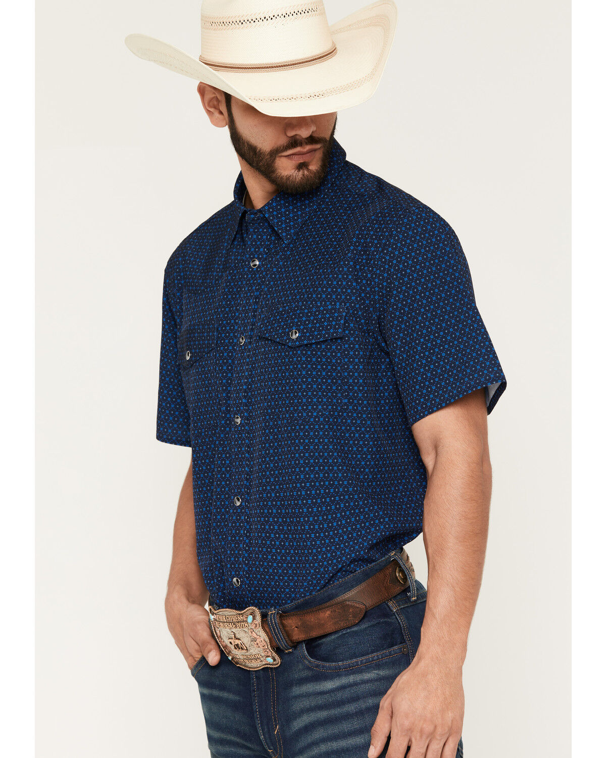 Image #2 - RANK 45&reg; Men's RODEOTEK&trade; 2.0 Sky Grid Geo Print Short Sleeve Snap Western Shirt, Navy, hi-res