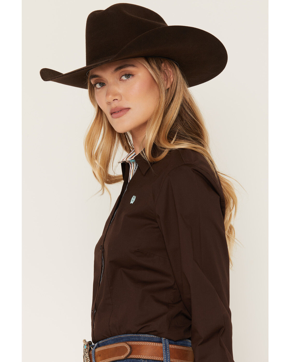 Image #2 - Cinch Women's Solid Long Sleeve Button-Down Western Shirt, Brown, hi-res
