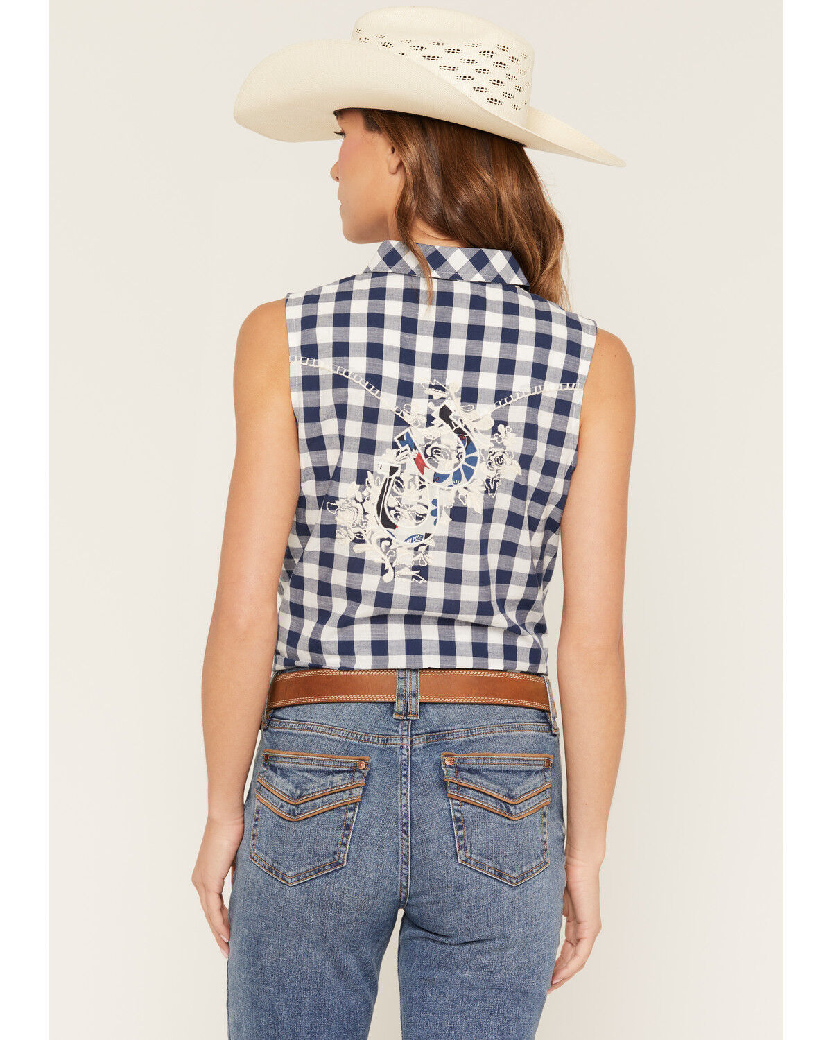 Image #4 - Shyanne Women's Dunes Gingham Sleeveless Snap Tie-Front Western Shirt, Navy, hi-res