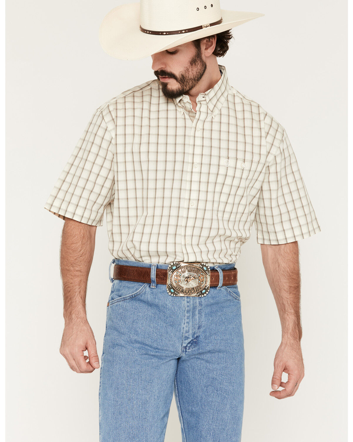 Image #1 - George Strait by Wrangler Men's Plaid Print Short Sleeve Button-Down Stretch Western Shirt, White, hi-res