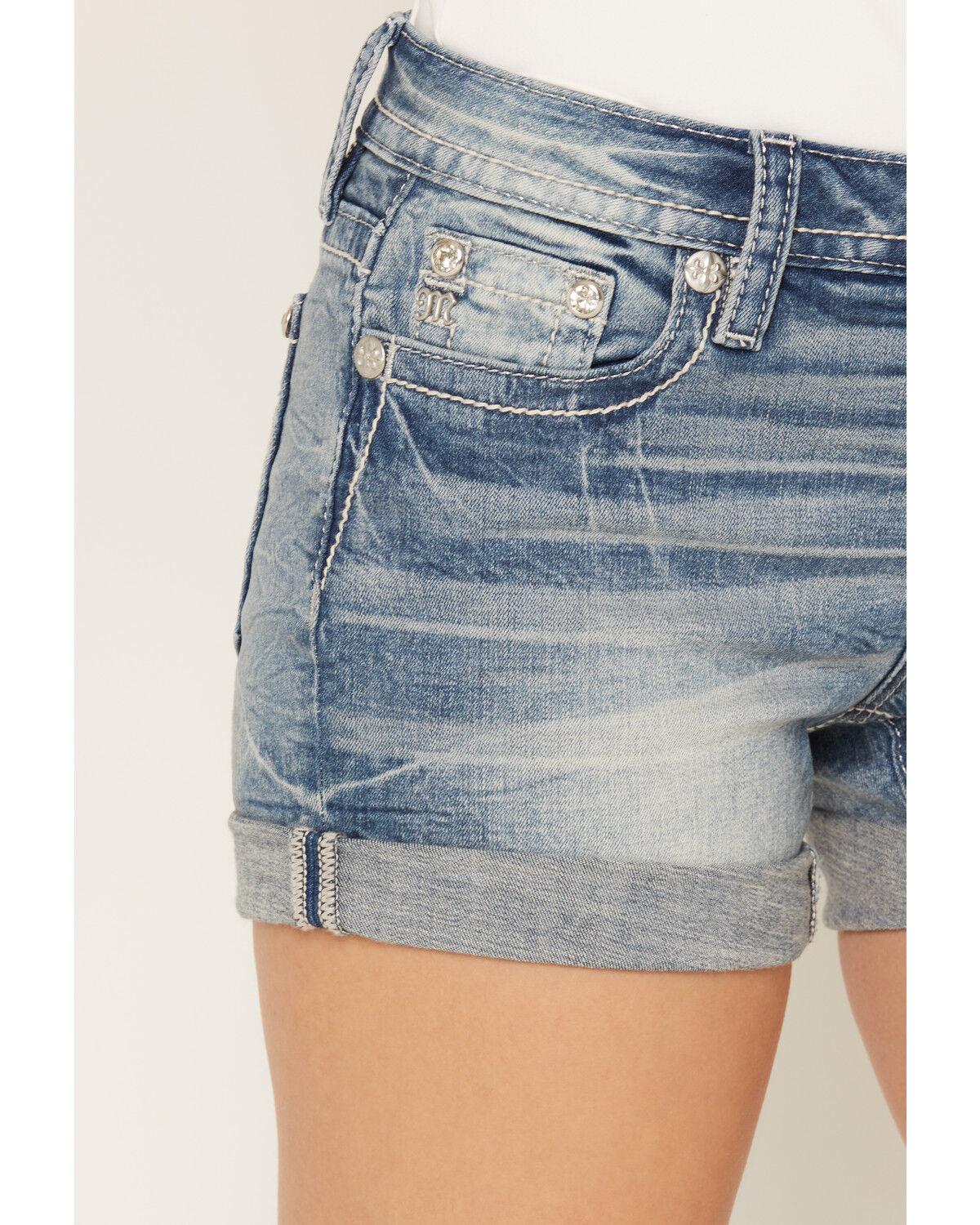 Image #2 - Miss Me Women's Light Wash Mid Rise Cross Pocket Stretch Denim Shorts, Light Wash, hi-res