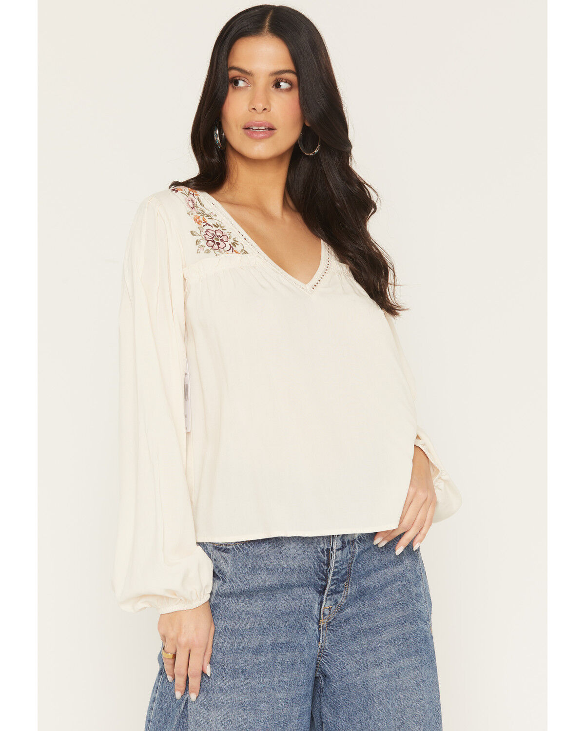 Eyeshadow Women's Long Sleeve Embroidered Peasant Top, Ivory, hi-res