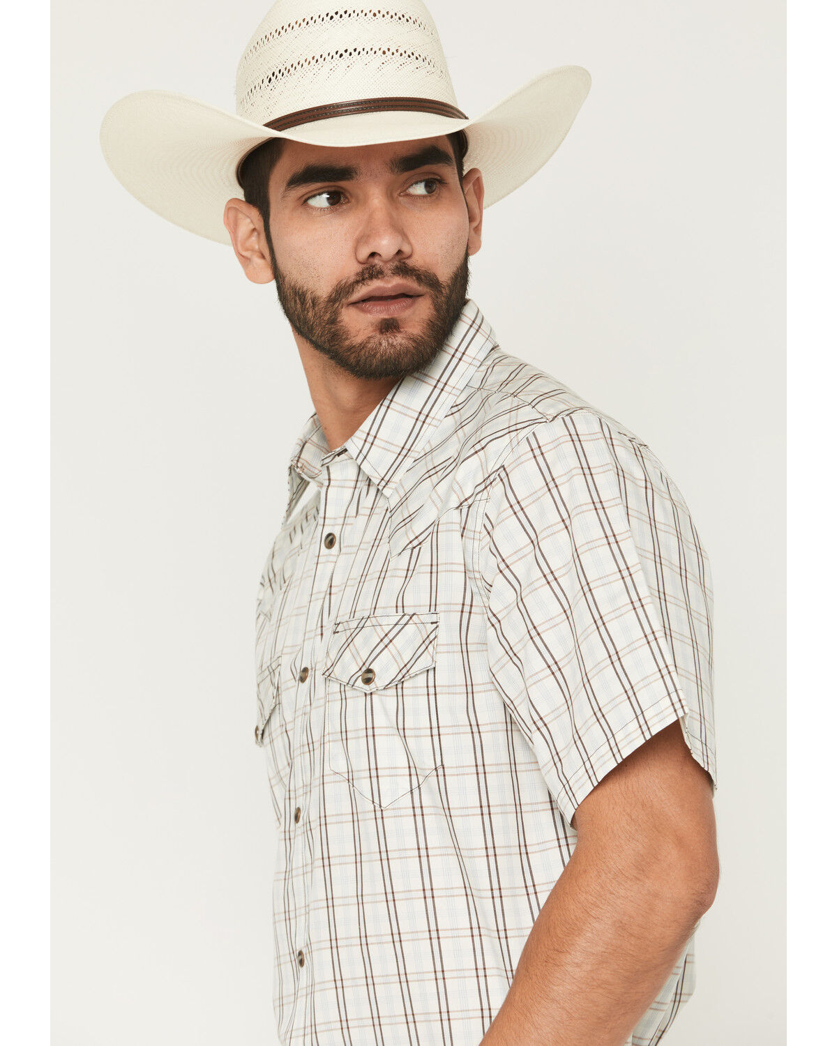 Image #2 - Gibson Trading Co Men's Southern Trail Plaid Print Short Sleeve Snap Western Shirt, Cream, hi-res