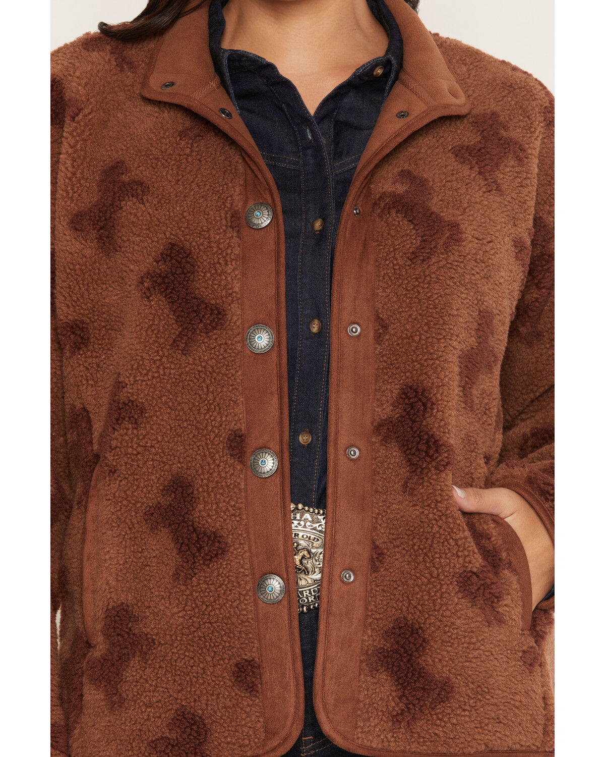 Image #3 - Shyanne Women's Carla Horse Print Sherpa Snap Jacket, Brown, hi-res