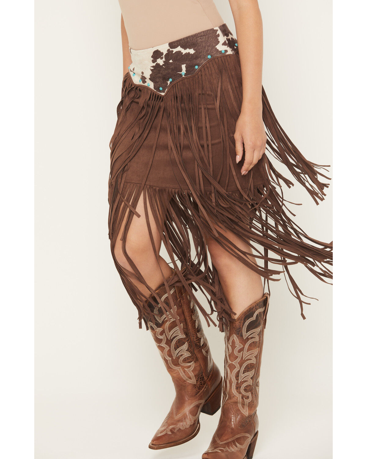 Image #2 - Shyanne Women's Raven Cow Print Faux Suede Fringe Mini Skirt, Brown, hi-res