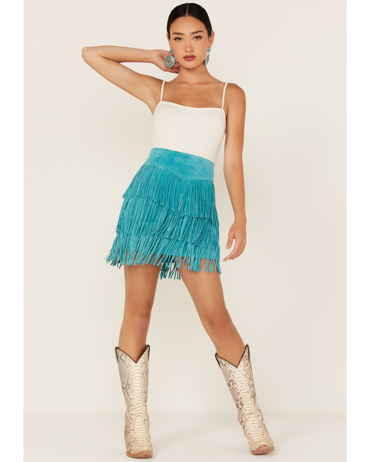 Image #1 - Scully Women's Fringe Tiered Suede Mini Skirt, Turquoise, hi-res