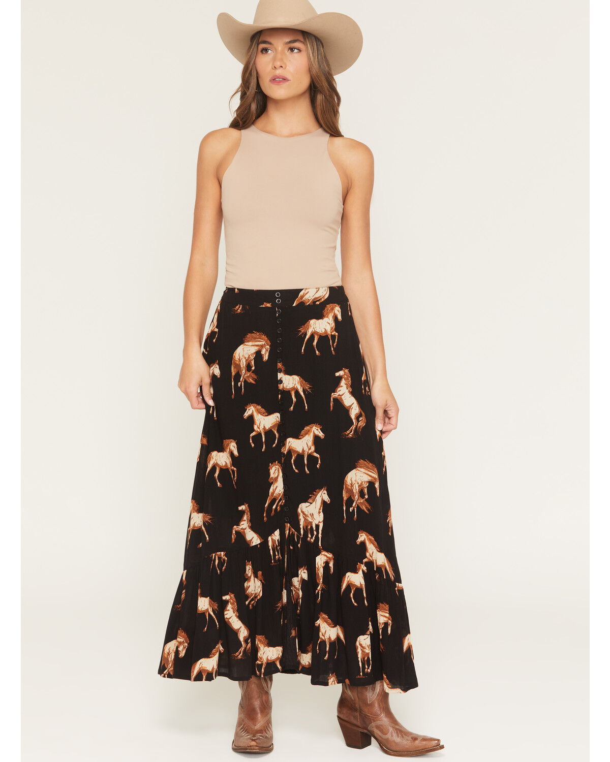 Cotton & Rye Women's Horse Print Button-Front High-Low Skirt, Black, hi-res