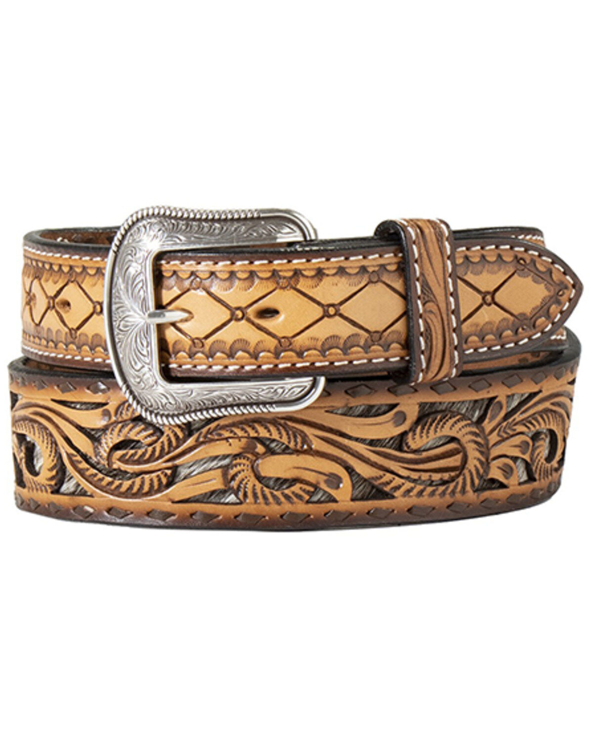 M & F Western Men's Tooled Leather Belt, Brown, hi-res