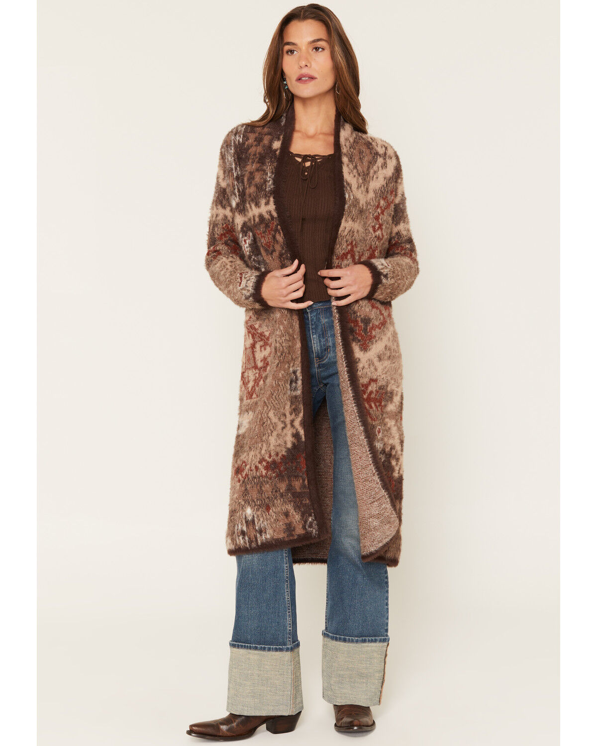 Image #1 - Shyanne Women's Southwestern Print Eyelash Yarn Duster, Cognac, hi-res