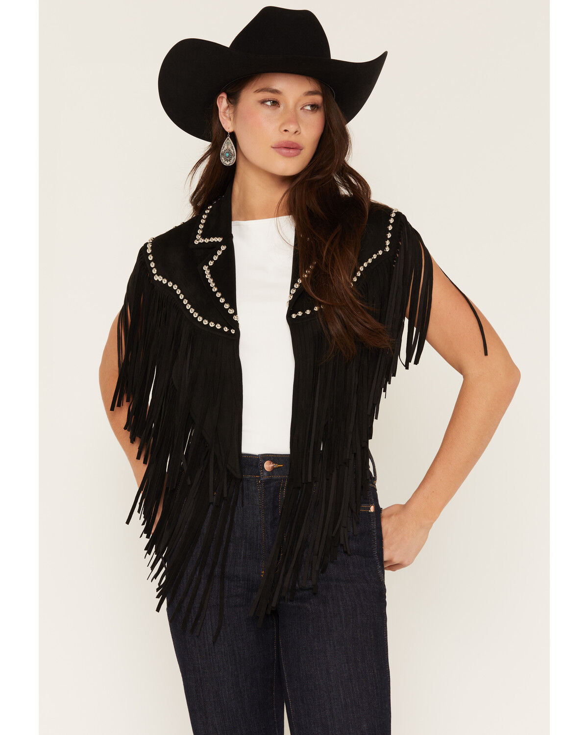 Saints & Hearts Women's Faux Suede Studded Fringe Capelet, Black, hi-res