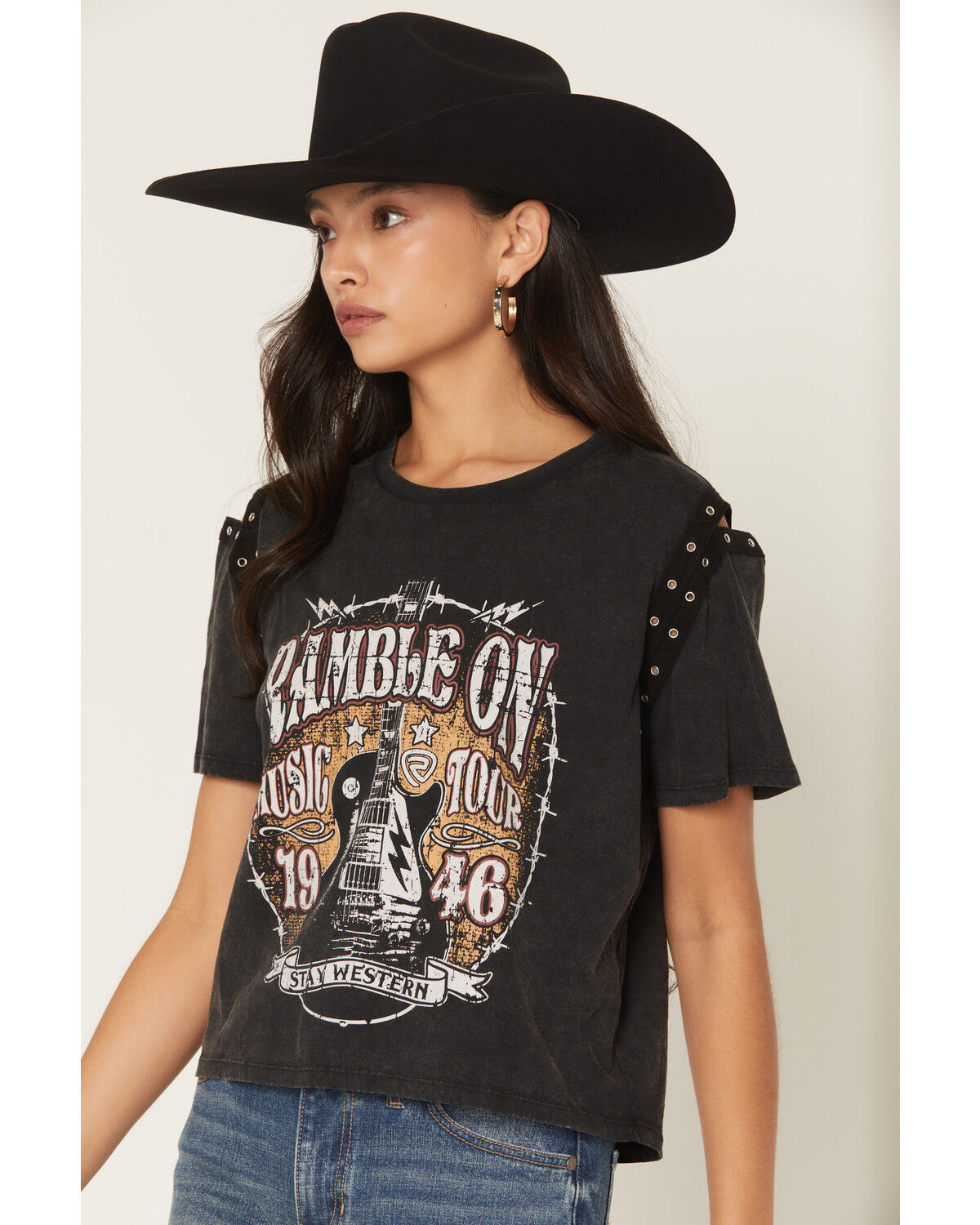 Image #2 - Rock & Roll Denim Women's Ramble On Short Sleeve Graphic Tee, Black, hi-res
