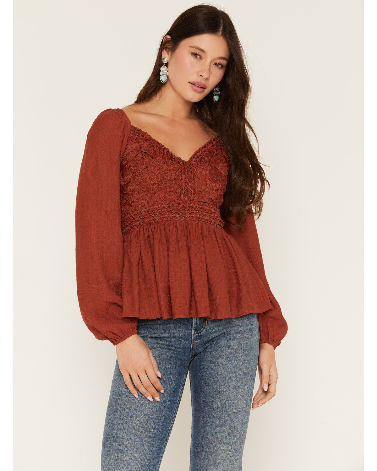 Image #1 - Shyanne Women's Crochet Lace Long Sleeve Shirt, Brick Red, hi-res
