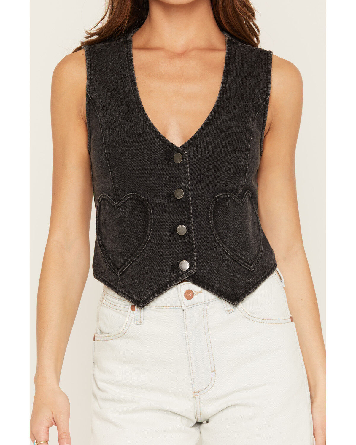 Image #3 - Ashley Women's Heart Pocket Fitted Denim Vest, Black, hi-res