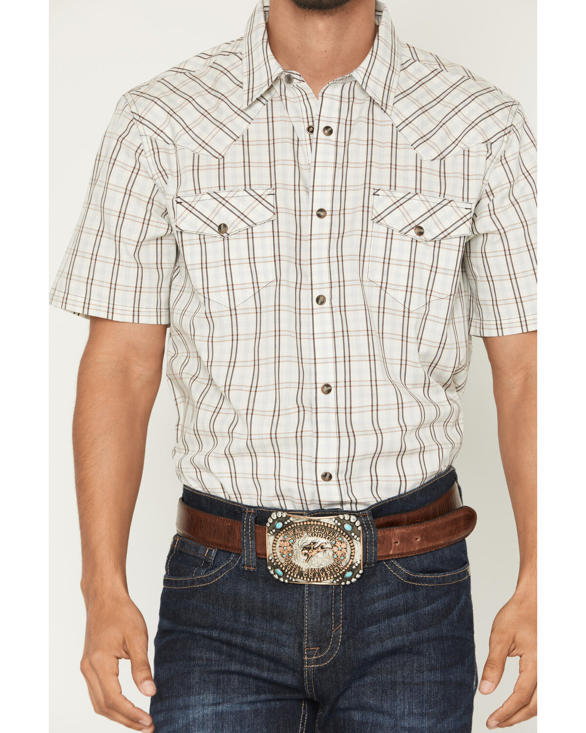Image #3 - Gibson Trading Co Men's Southern Trail Plaid Print Short Sleeve Snap Western Shirt, Cream, hi-res
