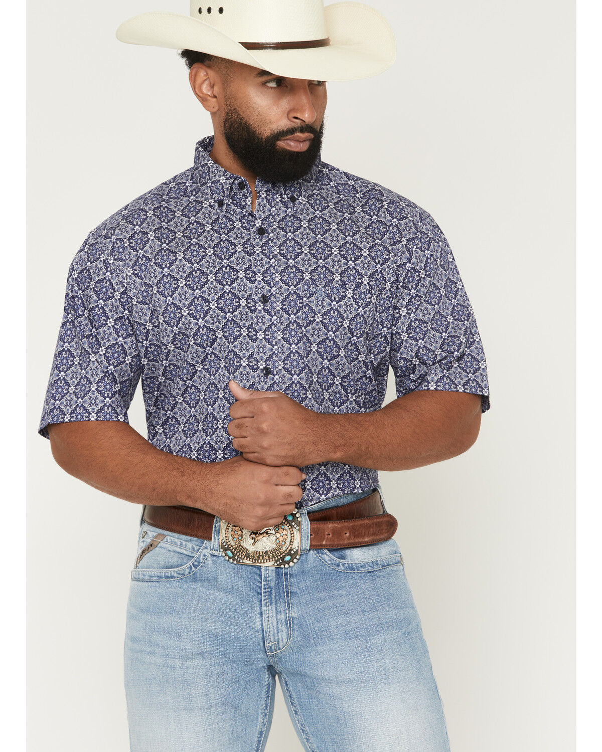 Ariat Men's Bill Medallion Print Short Sleeve Button-Down Western Shirt - Tall, Blue, hi-res