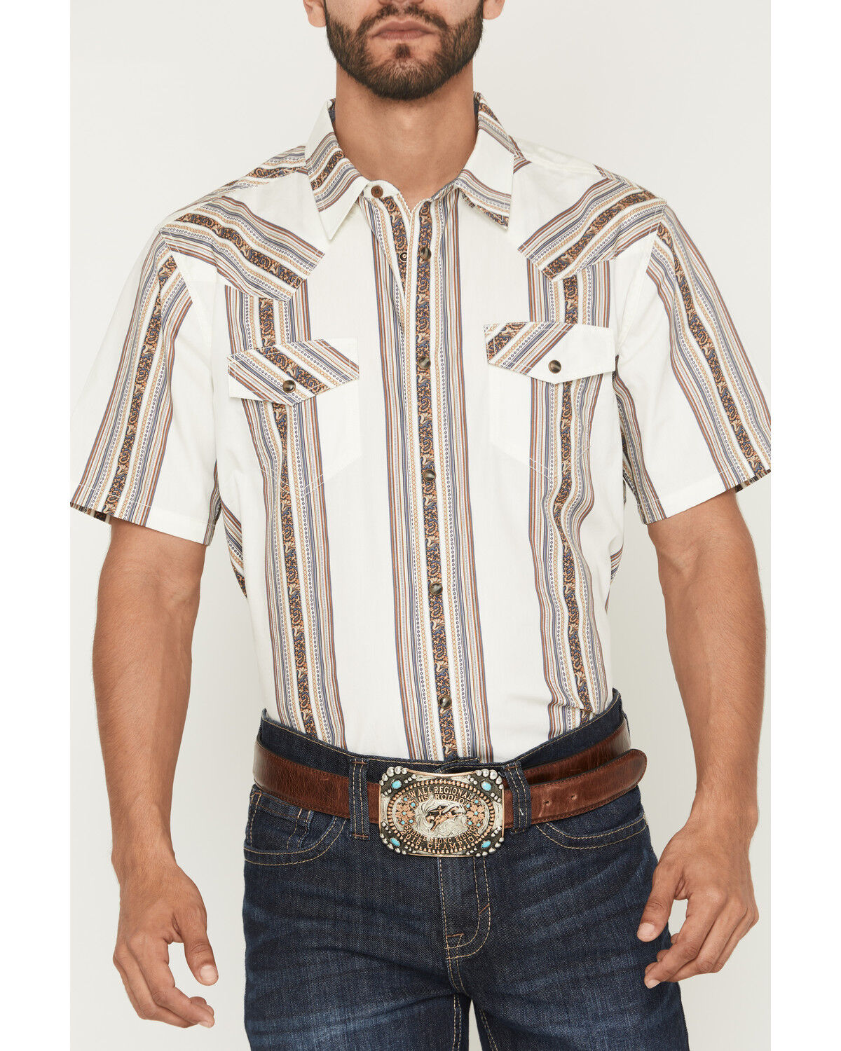 Image #3 - Cody James Men's Atticus Stripe Print Short Sleeve Snap Western Shirt, White, hi-res