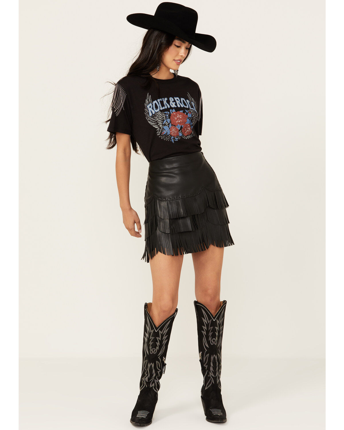 Image #1 - Idyllwind Women's Irene Fringe Faux Leather Skirt, Black, hi-res