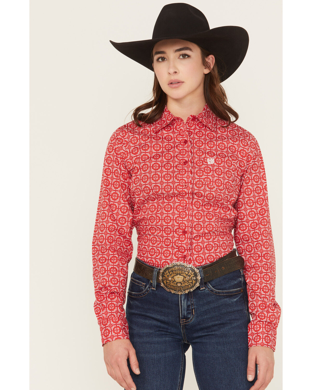 Cinch Women's Geo Print Long Sleeve Button-Down Stretch Western Shirt, Red, hi-res