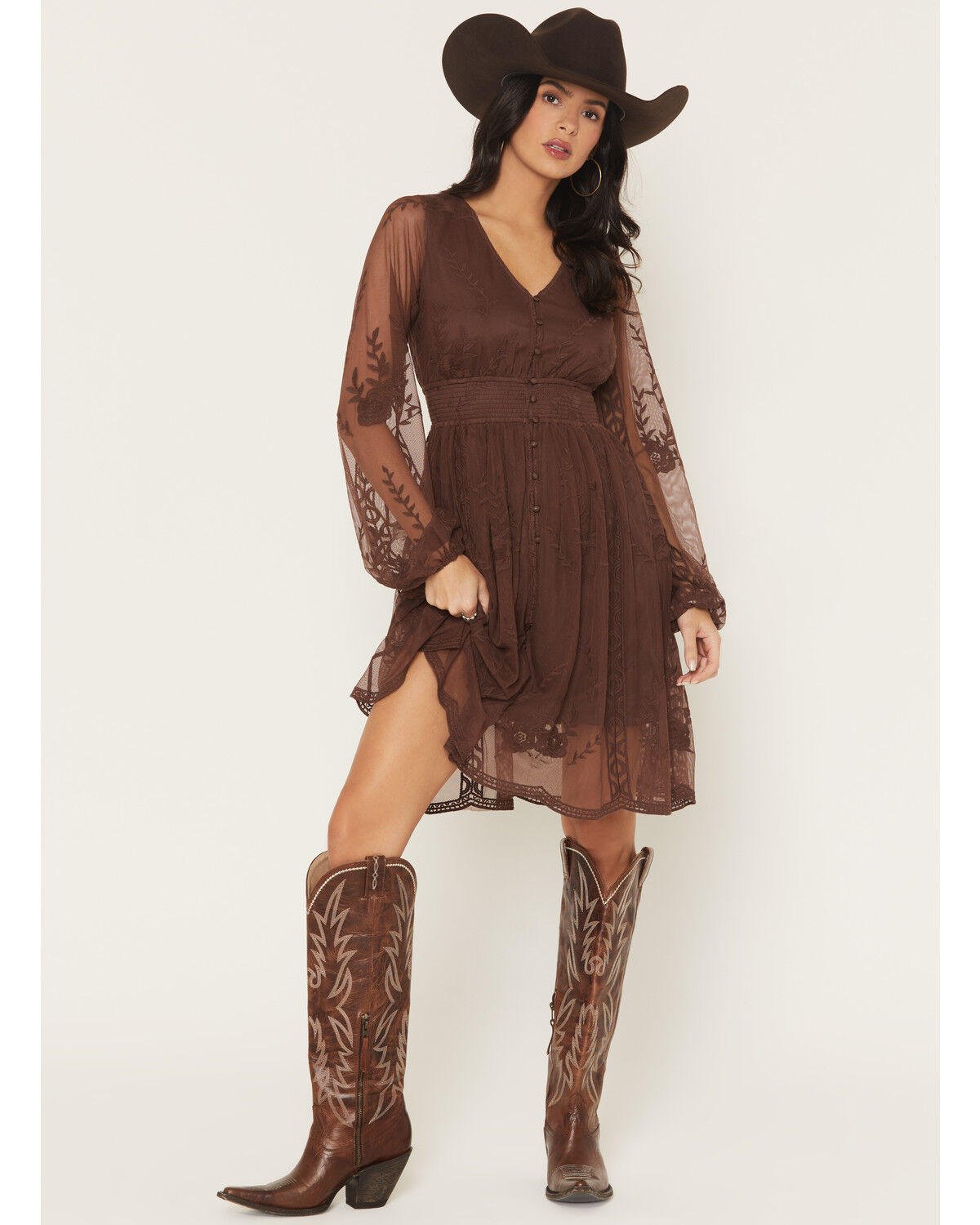 Image #1 - Shyanne Women's Embroidered Mesh Long Sleeve Button Front Mini Dress, Brown, hi-res