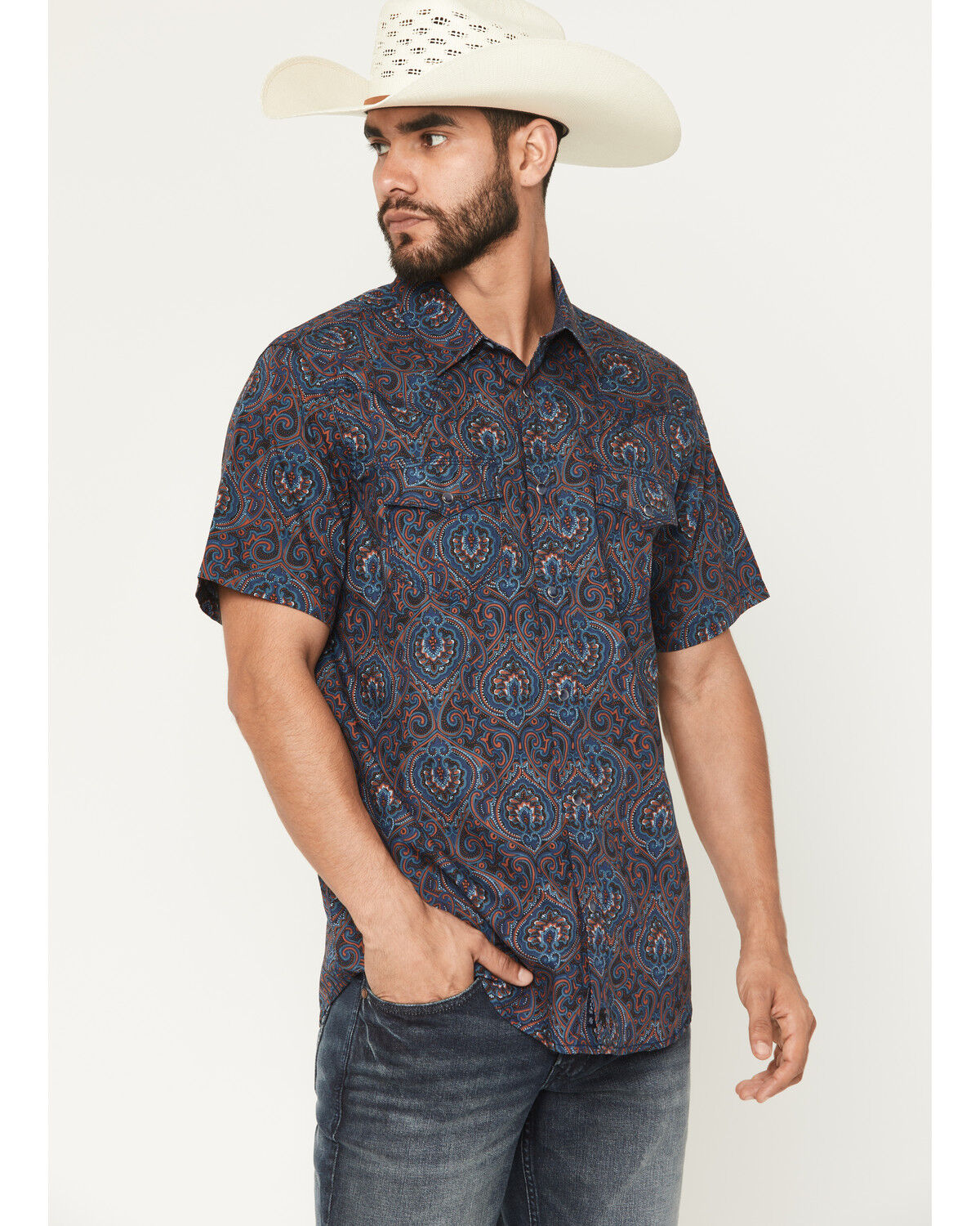 Image #1 - Moonshine Spirit&reg; Men's Hay Day Medallion Print Short Sleeve Western Shirt, Blue, hi-res
