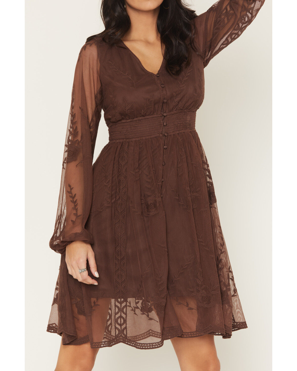 Image #3 - Shyanne Women's Embroidered Mesh Long Sleeve Button Front Mini Dress, Brown, hi-res